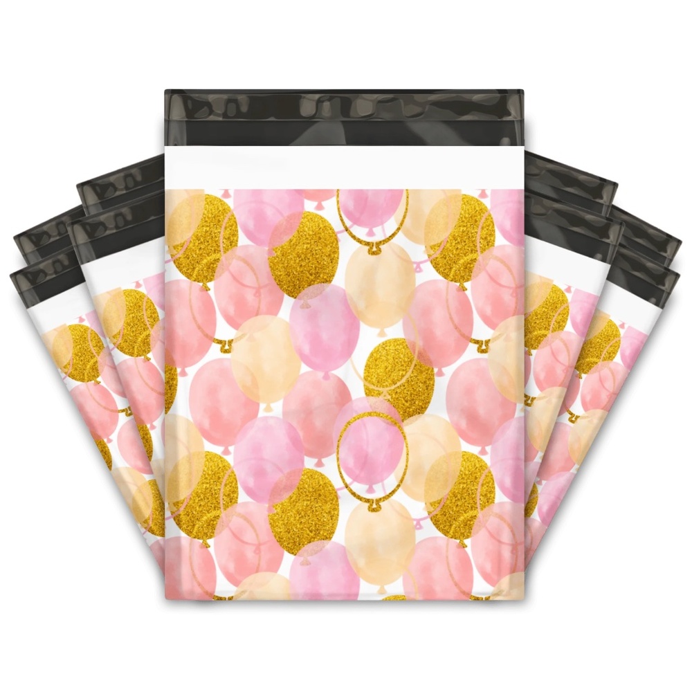 20 10x13 Pink and Gold Balloons Designer Poly Mailers Shipping Envelopes